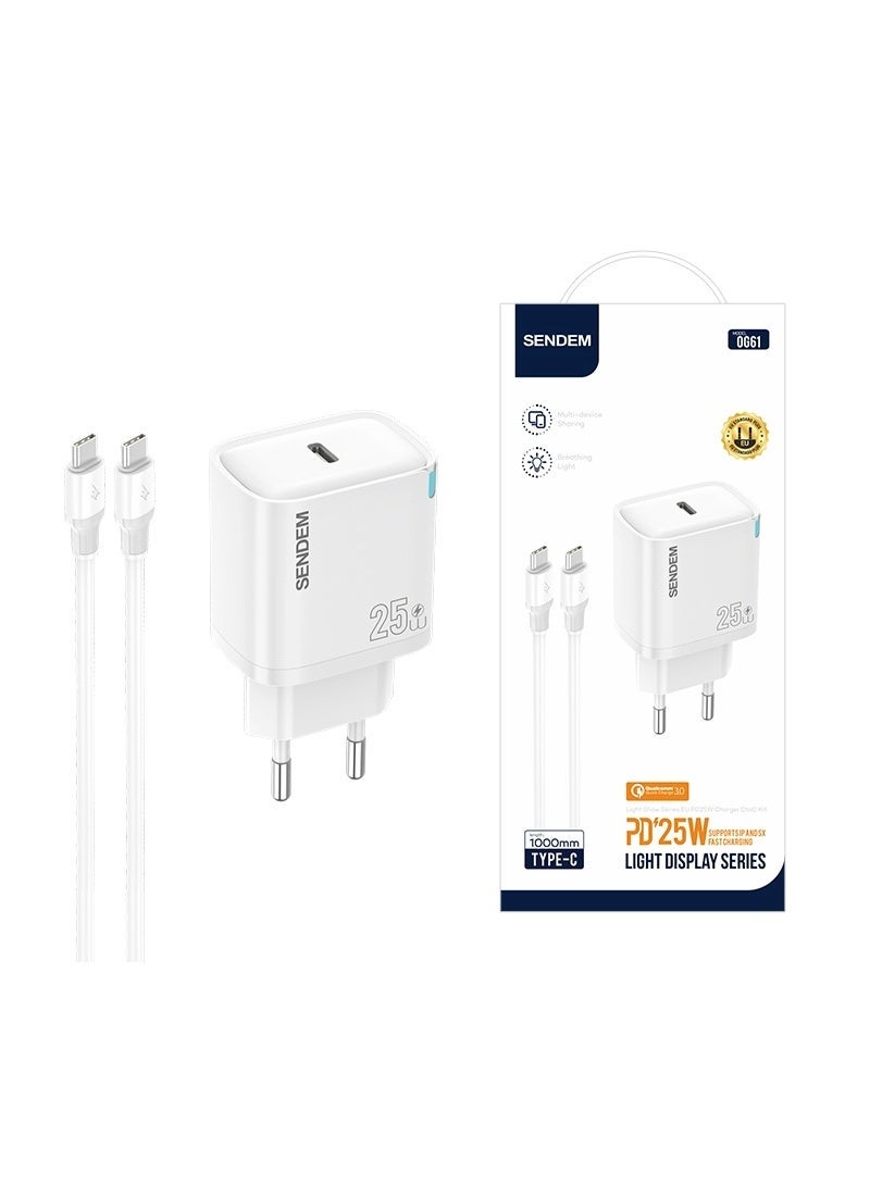 سيندم شاحن SENDEM OG61 السريع بقوة 25 واط بتقنية PD مع كابل من النوع C إلى النوع C - قابس أوروبي - شحن فائق السرعة لأجهزة أندرويد وآيفون - Image 1